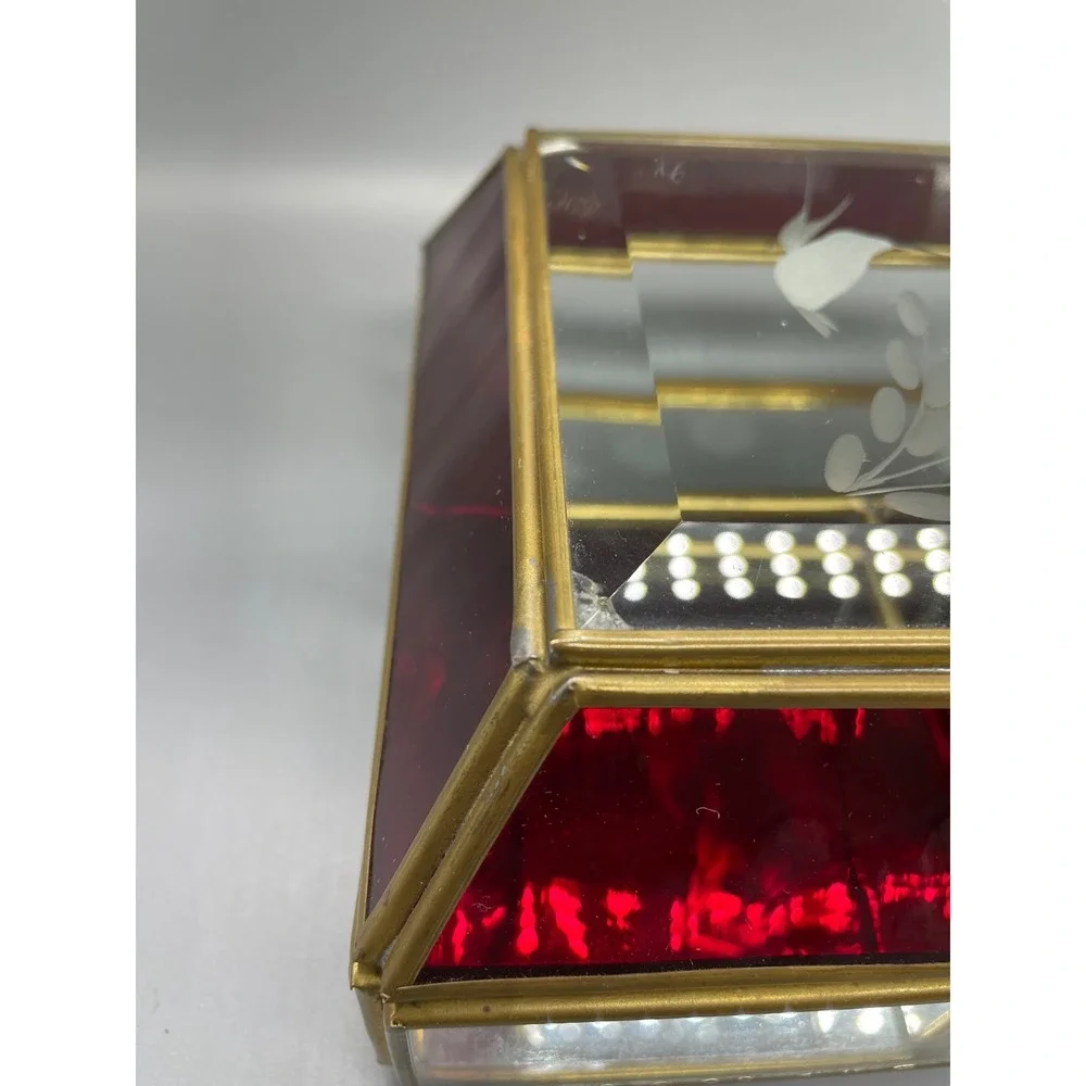 Vintage Red‎ Stained Glass Brass Jewelry Box Etched Hummingbird Floral Mirror